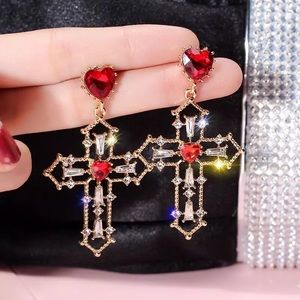 Gold Cross Earrings Red Crystal Hearts